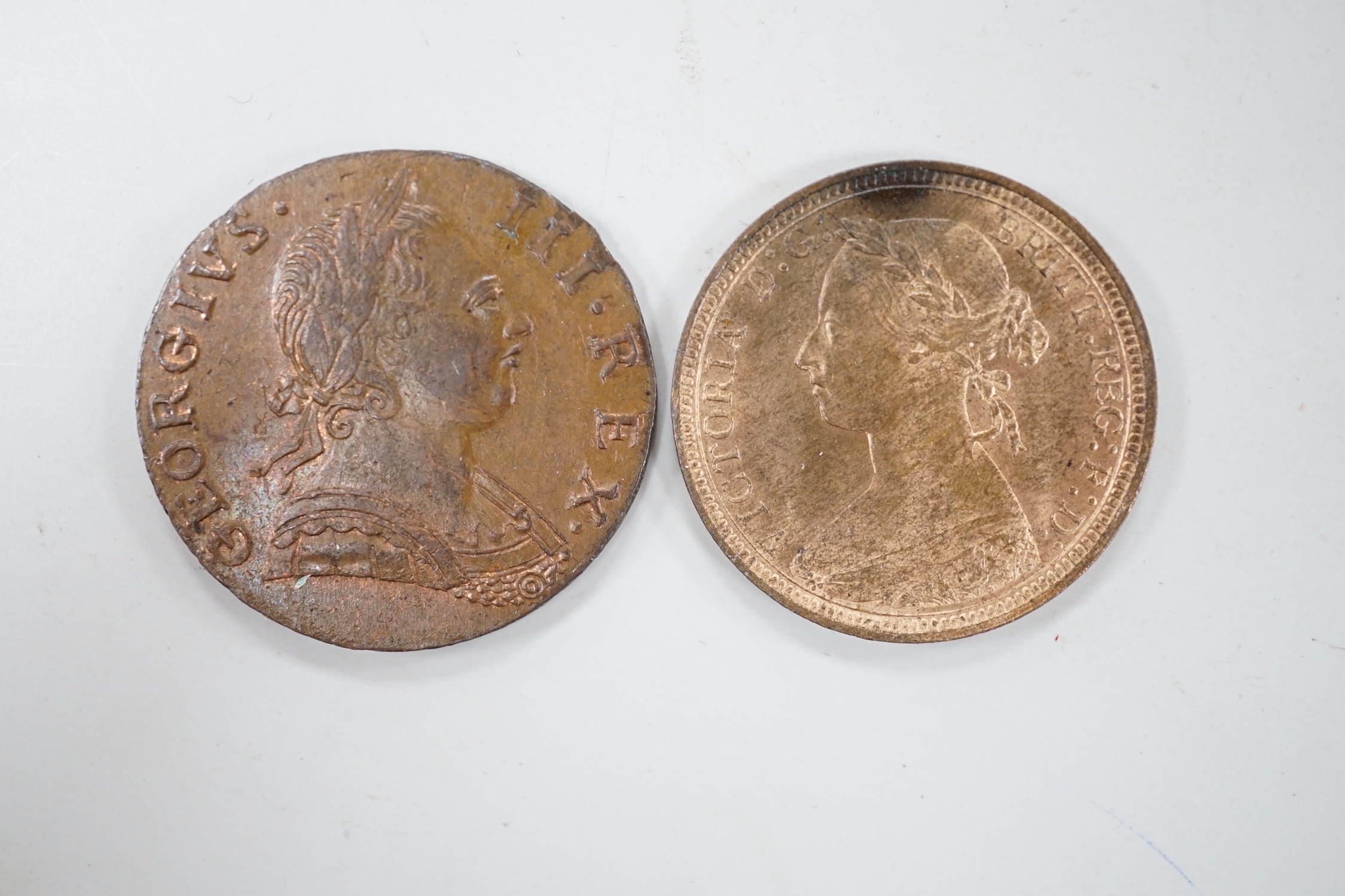 A George III halfpenny 1775, GEF and Victoria YH 1889, UNC